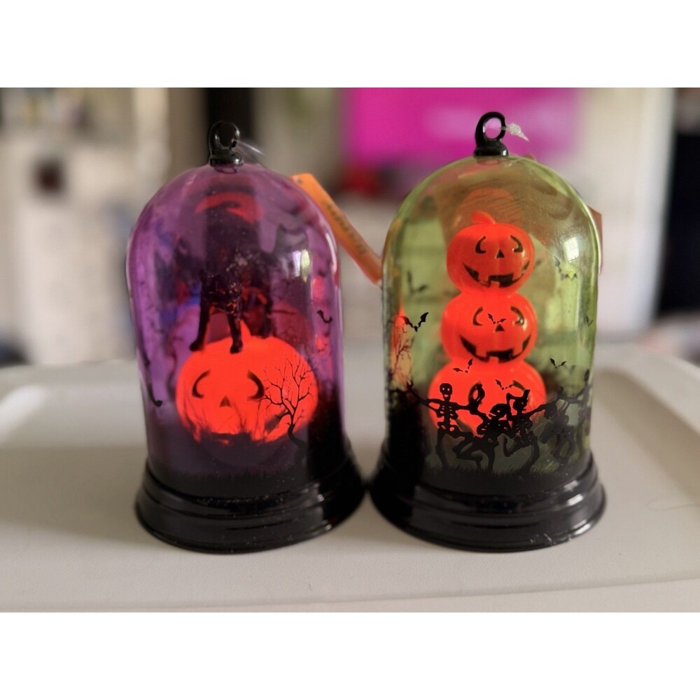 Lot Of 2 Light Up Halloween Lamps Battery Operated Pumpkins & Black Cat
